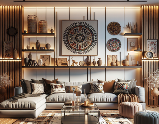 Design interior pentru living modern cu influente traditionale romanesti