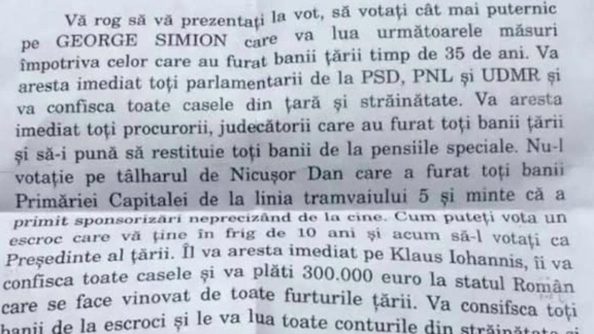 Oamenii din Sibiu primesc scrisori sa l voteze pe Simion